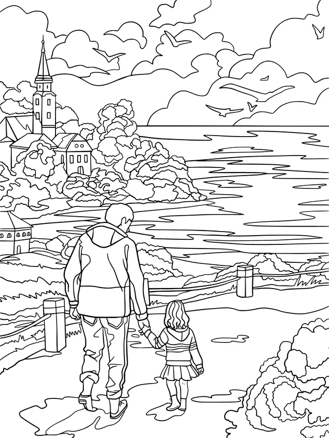 Father - daughter stroll by the seaside