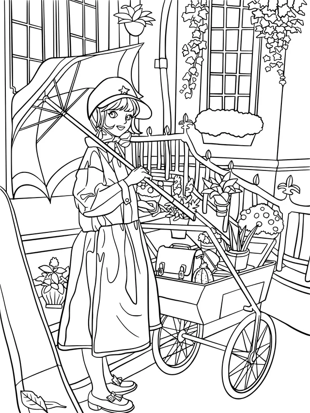 Girl Pushing a Flower - Cart with an Umbrella