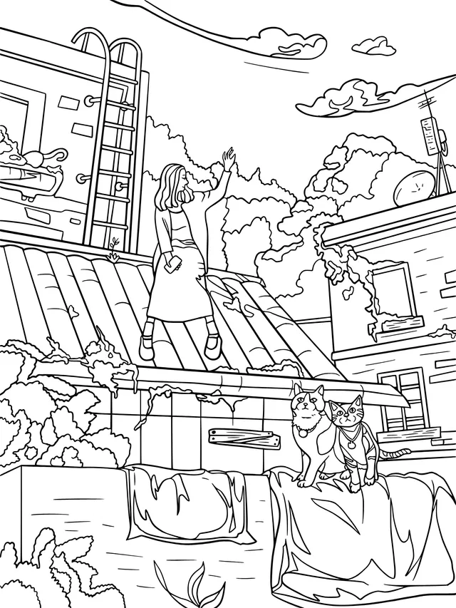 Woman and cats on the roof