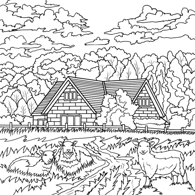 Autumn Country Cottage and Flock of Sheep