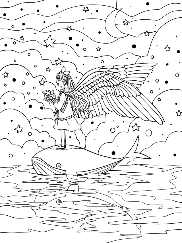 Winged girl riding a whale in the night sky