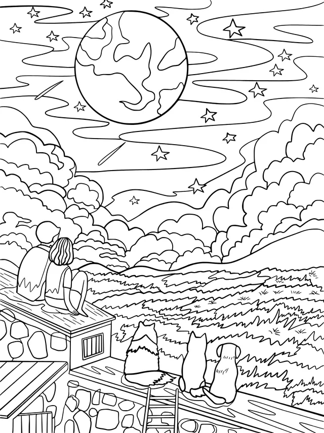 People and Pets under the Moon