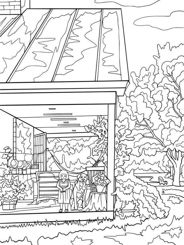A Lady and a Dog in the Courtyard