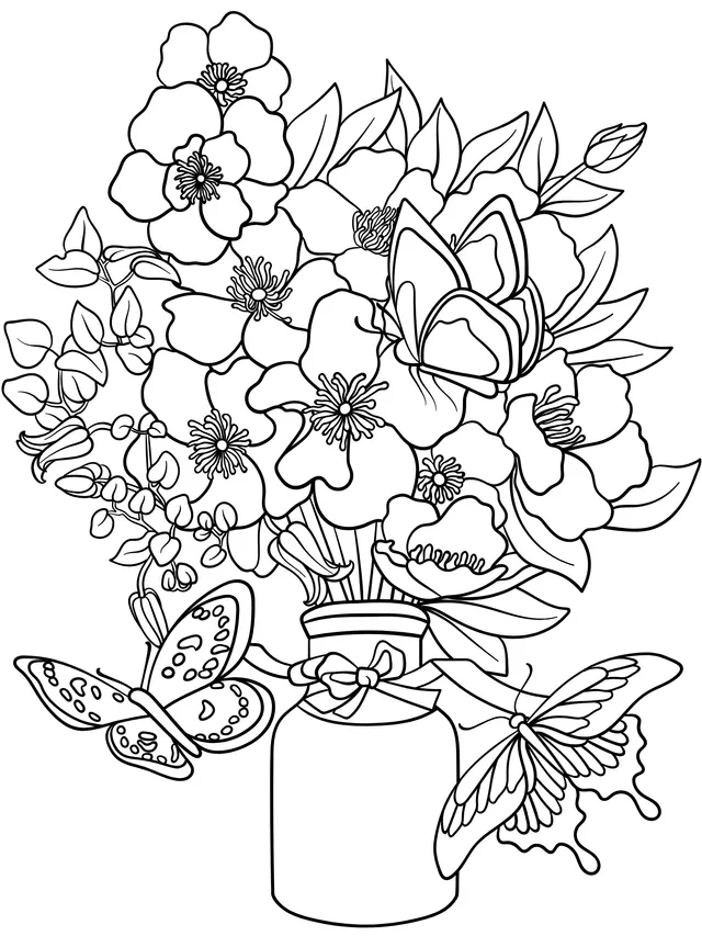 Colorful Flowers and Butterflies in a Vase