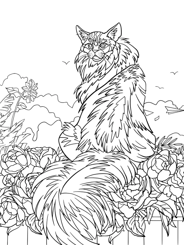 Long - haired Cat in the Flower Bed