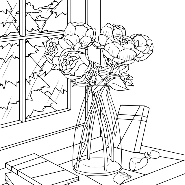 Red roses in a vase by the window