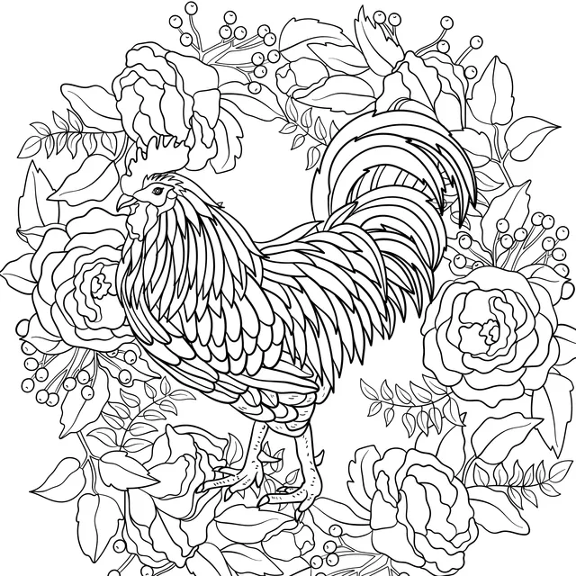 Rooster Surrounded by Flowers