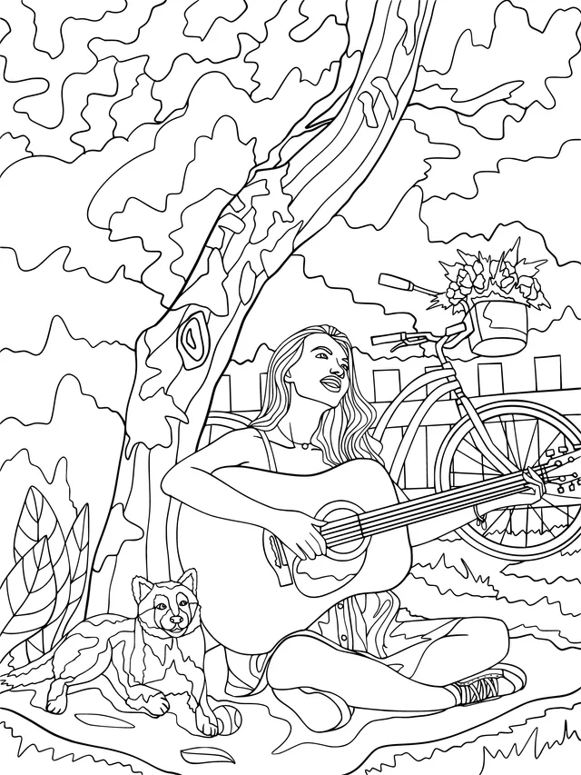 Woman playing the guitar under the tree