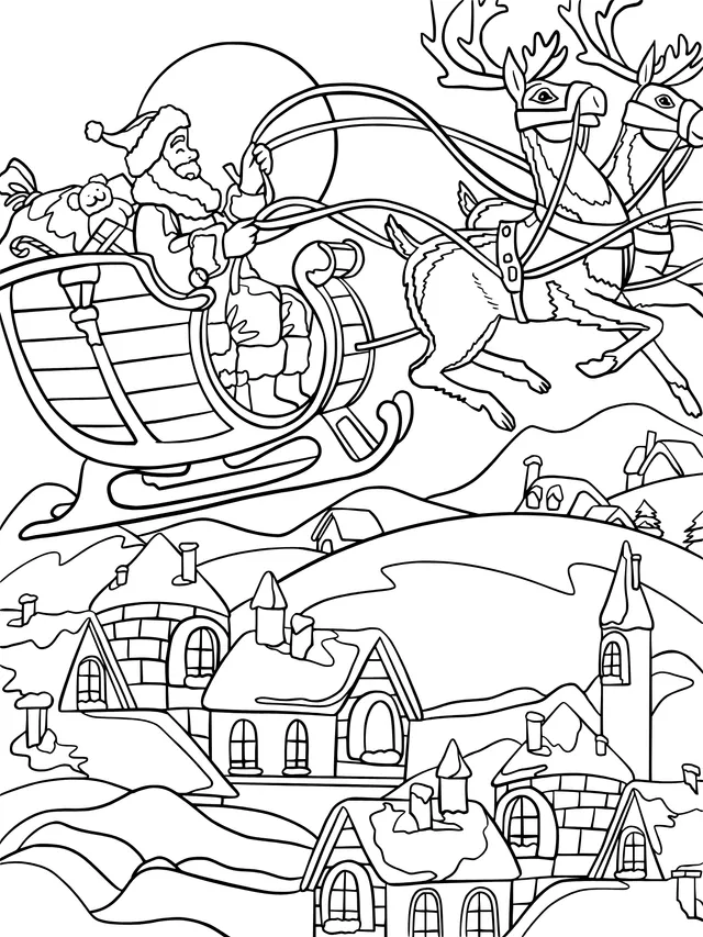 Santa Claus flying over the town on a sleigh