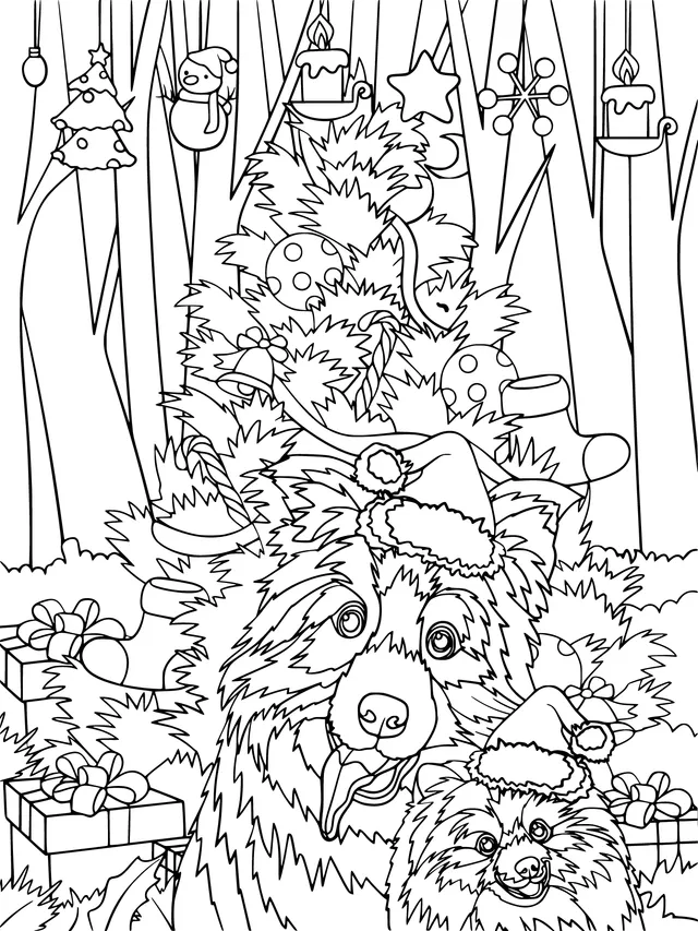 Dogs wearing Santa hats beside the Christmas tree