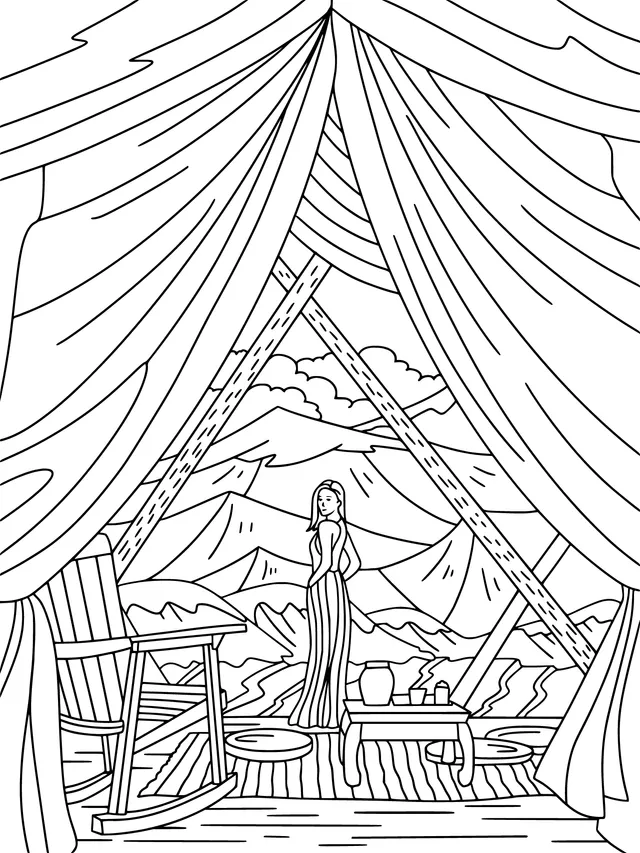 Woman looking at mountain scenery inside a tent
