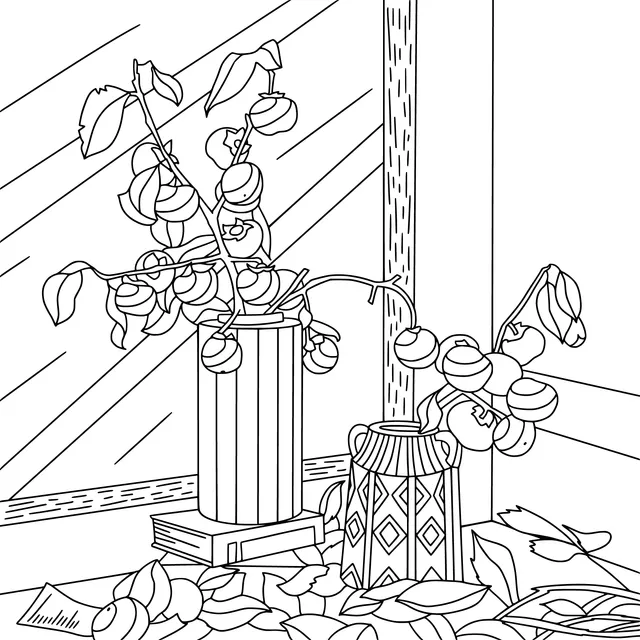 Persimmon branches in vases and fallen leaves by the window