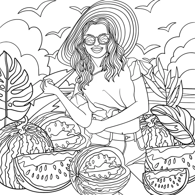 Lady beside watermelons in summer