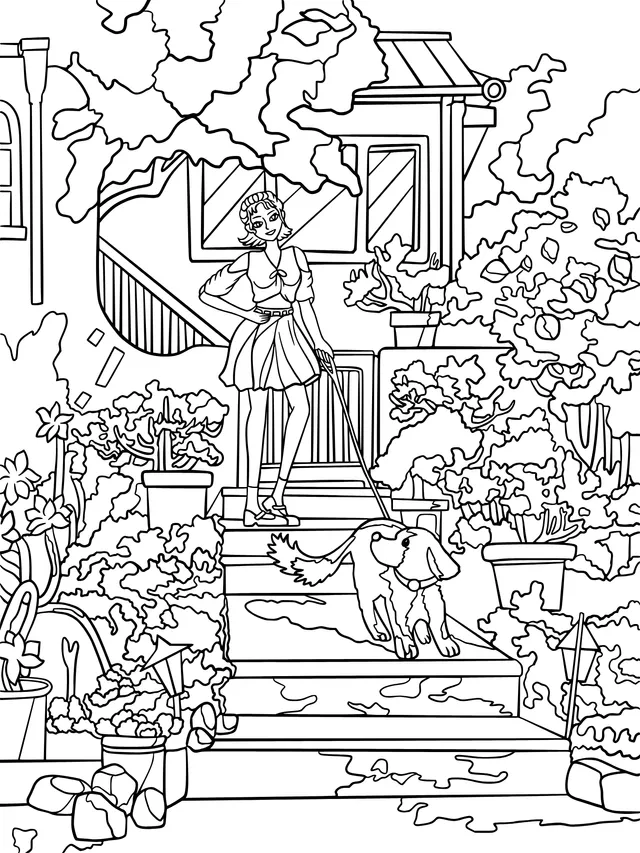 A woman walking her dog on the steps in front of a house