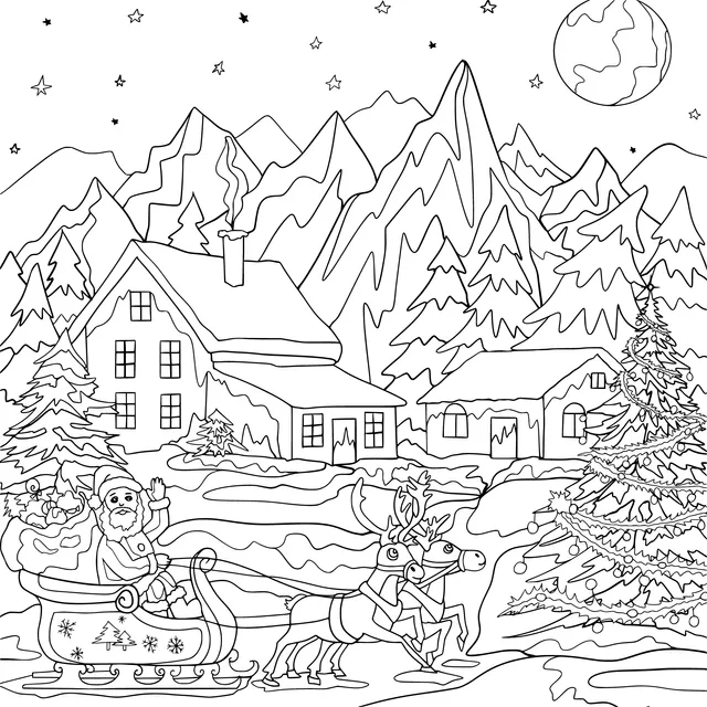 Mountain Snow Scene and Santa Claus on Christmas Eve