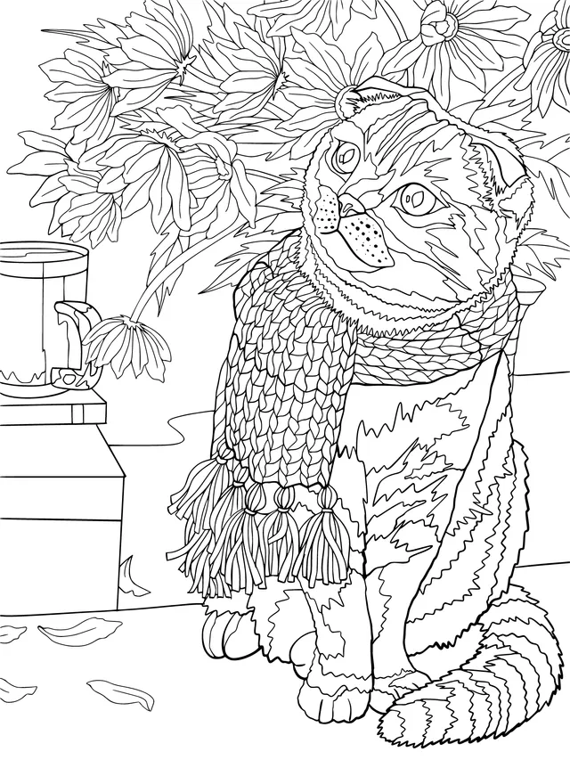 Cat with a Scarf and Flowers