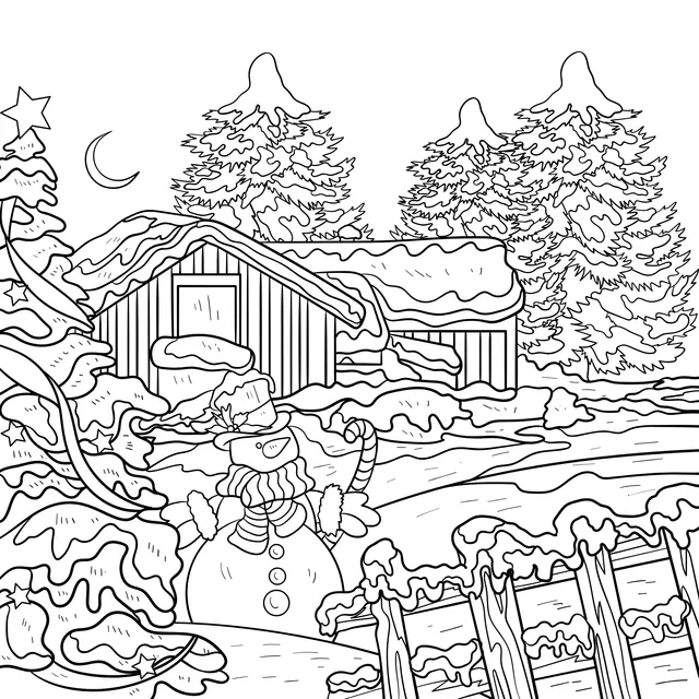 Snow - covered Cabin and Snowman on a Winter Night