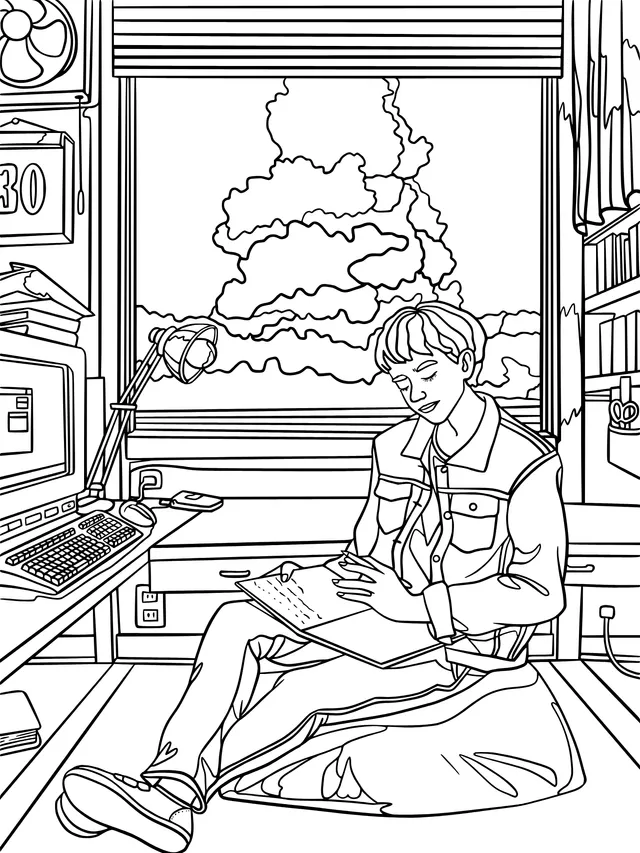 Young man writing by the window