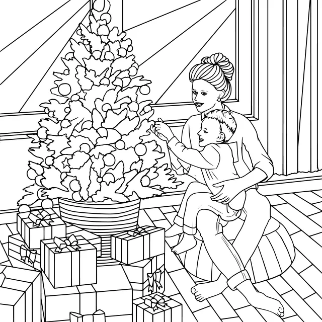 Mother and son decorating the Christmas tree together