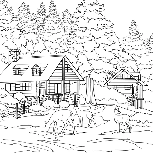 Log Cabins and Deer in the Snowy Forest