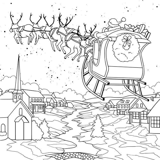 Santa Claus flying over a snowy town in a sleigh