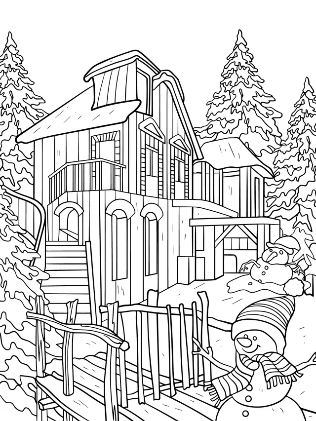 Log - cabin and Snowmen on a Snowy Night