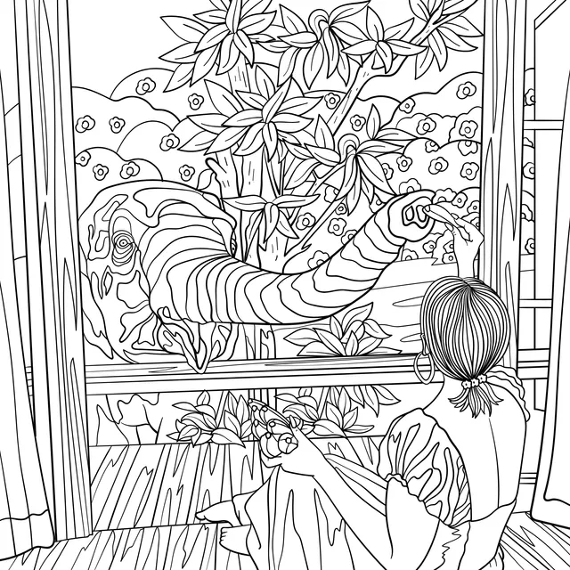 Girl interacting with an elephant outside the window