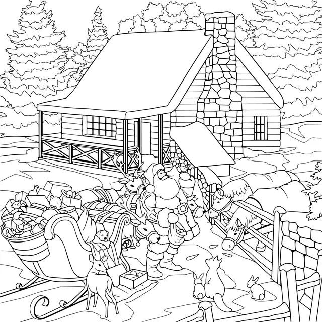 Santa Claus beside the snowy cabin