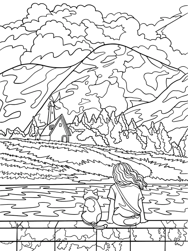 Girl and cat enjoying the landscape