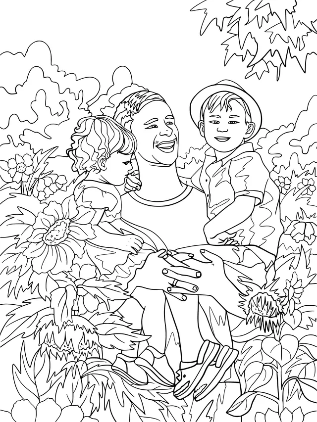 Father and children's happy time in the flower - filled area
