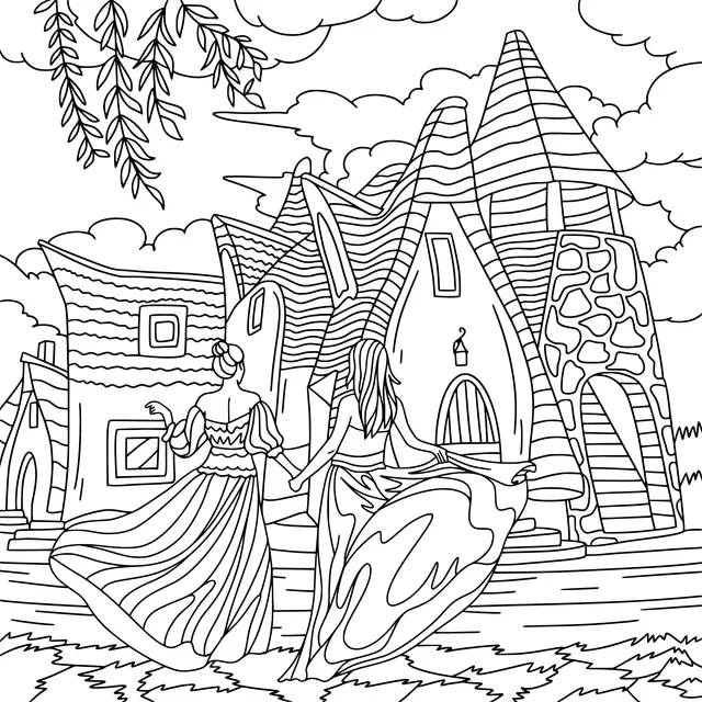 Two ladies strolling in a fairytale town