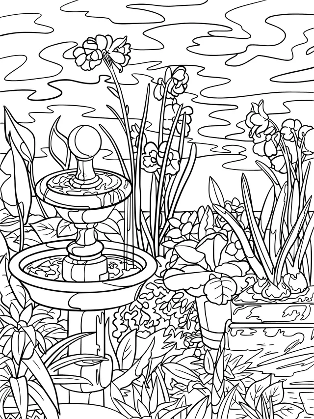 Fountain and Flowers in the Garden