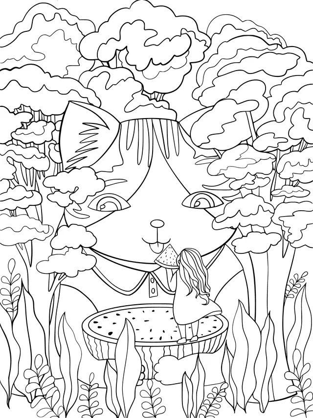 A girl and a cat eating watermelon together in the forest