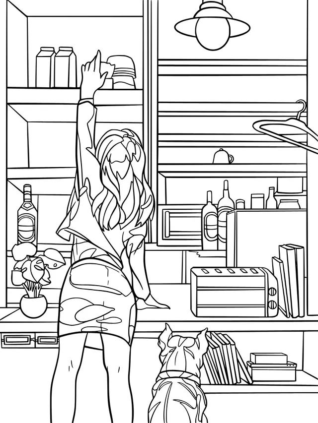 Girl retrieving something in front of a cabinet