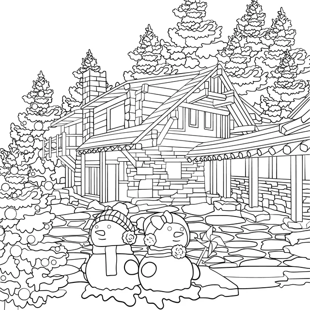 Log Cabin and Snowmen in Winter Night