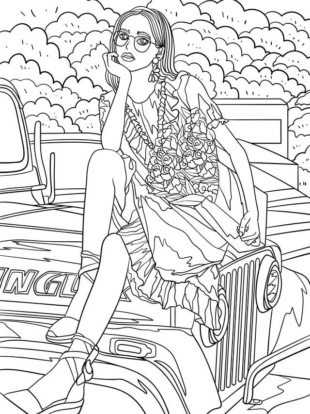 A stylish lady leaning against a pink jeep