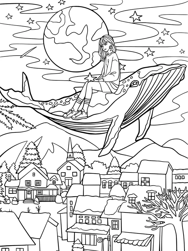 Girl Riding a Whale under the Moonlit Night