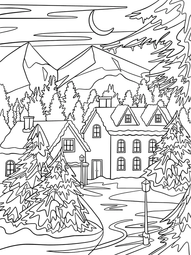 Scenery of a Mountain Village in Winter Night