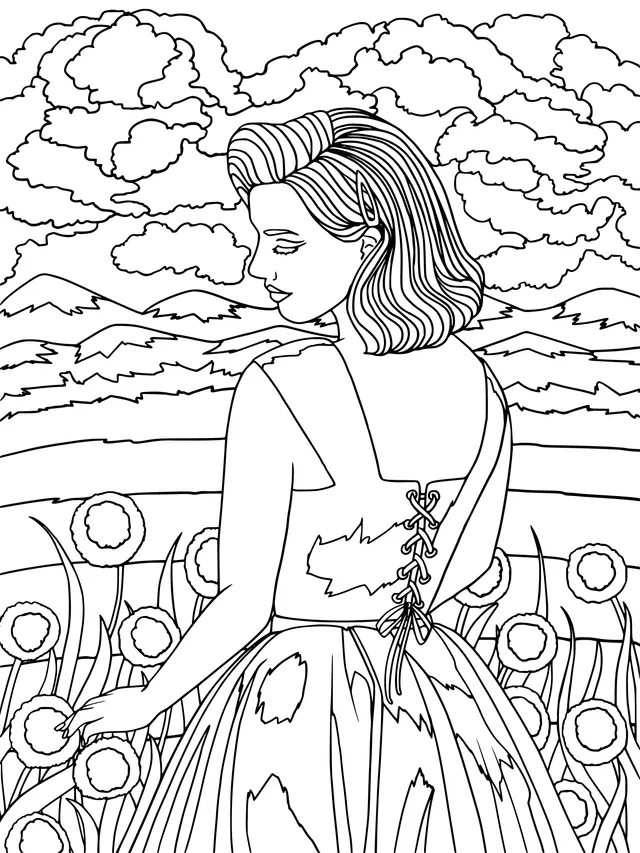Pink - haired woman in a flower field