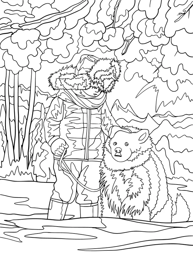 A Man and a Dog in the Snowy Forest