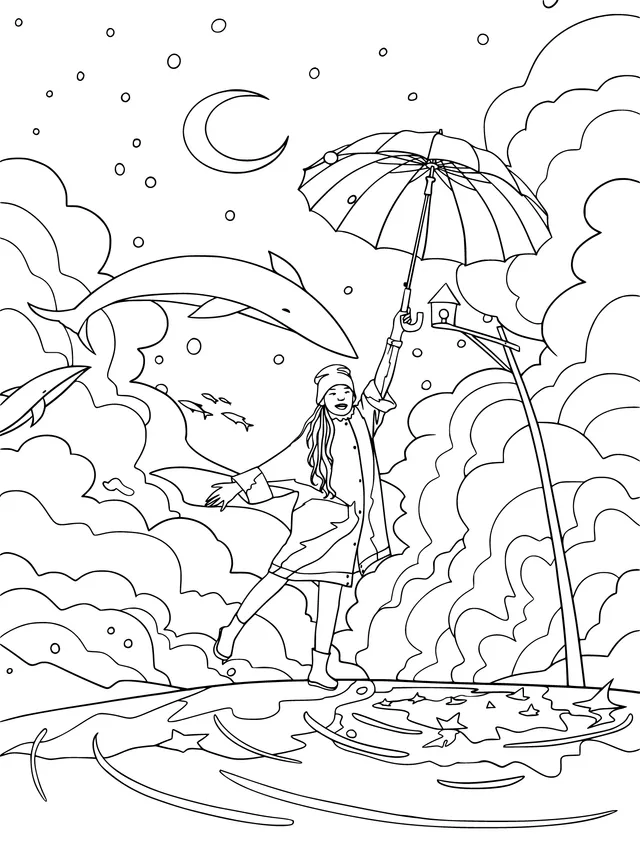 A Magical Girl with an Umbrella under the Moonlit Night