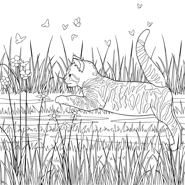 Cat chasing butterflies among flowers and grass