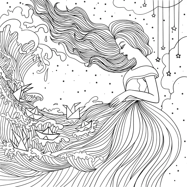 Woman amidst paper - boats and waves