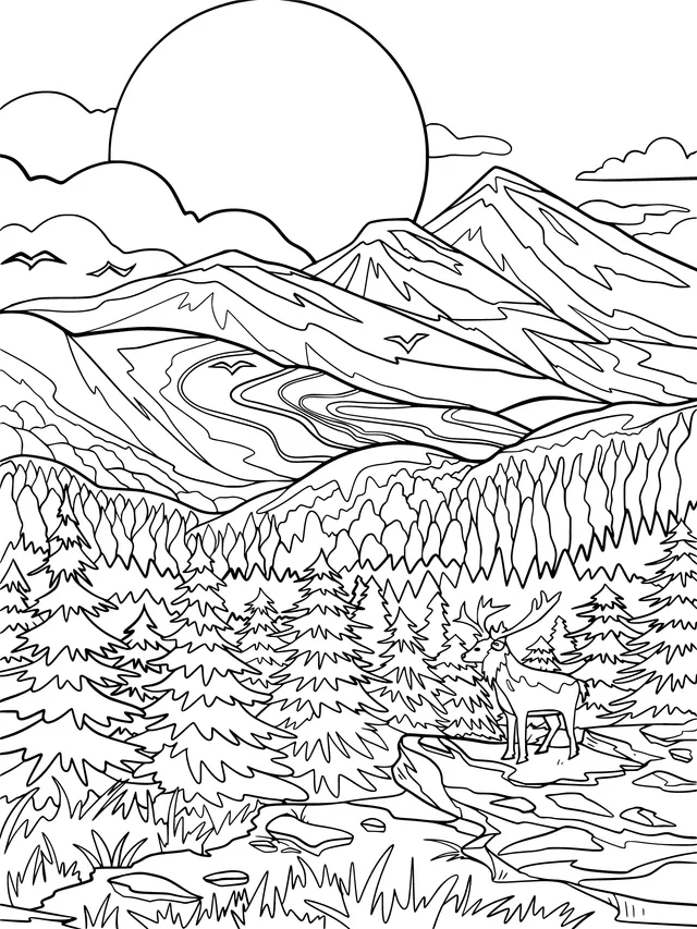 Sunset and Moose in the Mountain Forest