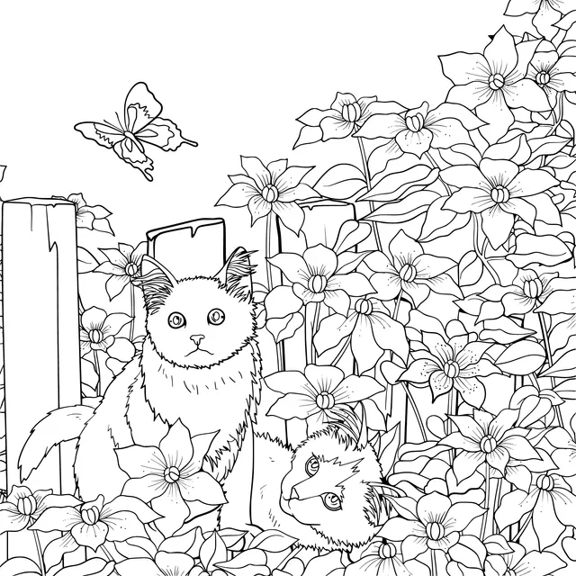 Black Cats and a Butterfly among Flowers