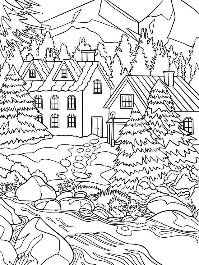 Houses by the Stream in the Mountains