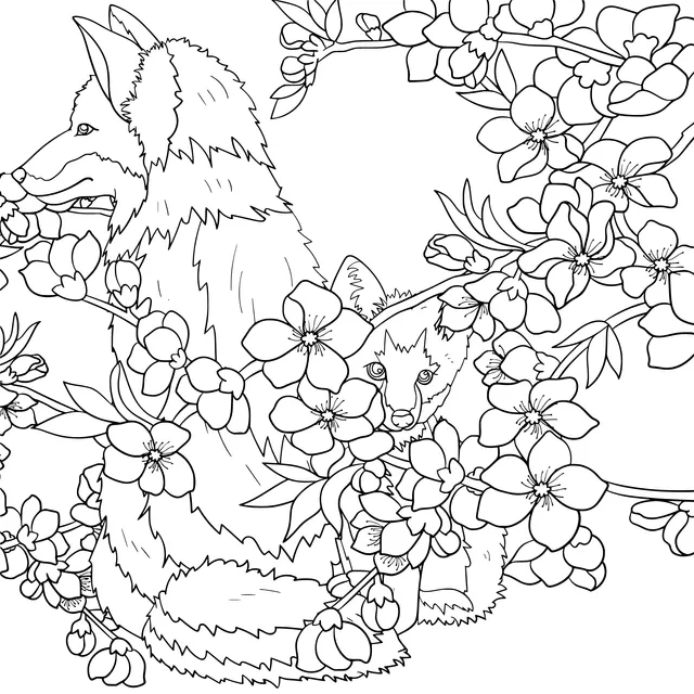 Mother - fox and cub among blooming flowers