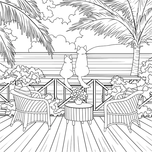 Two cats enjoying the view on a seaside terrace
