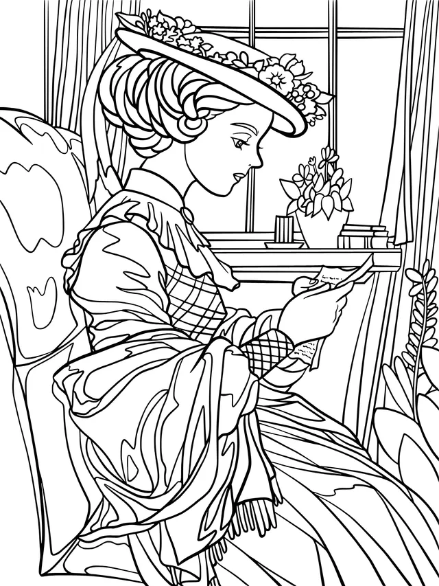 A lady in vintage attire reading a letter by the window
