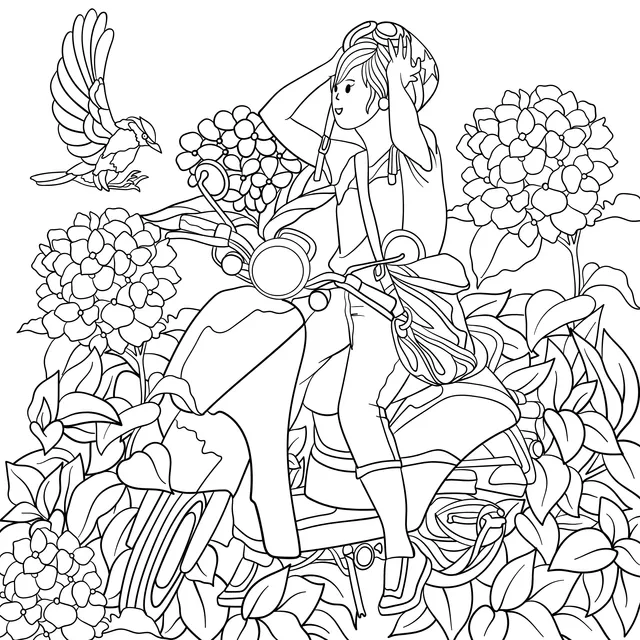 Girl on a Scooter with Flowers and Bird